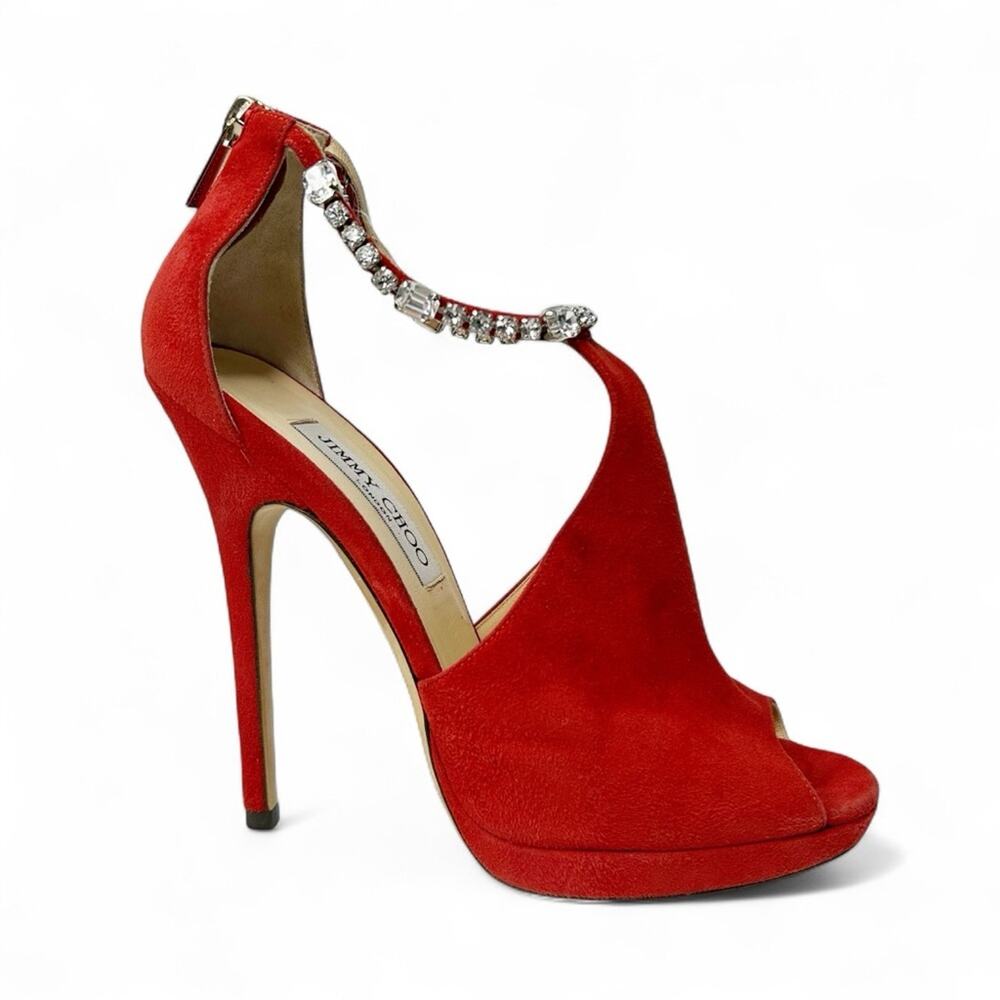 JIMMY CHOO Farah Red Suede Crystal Ankle Strap Platform Heels